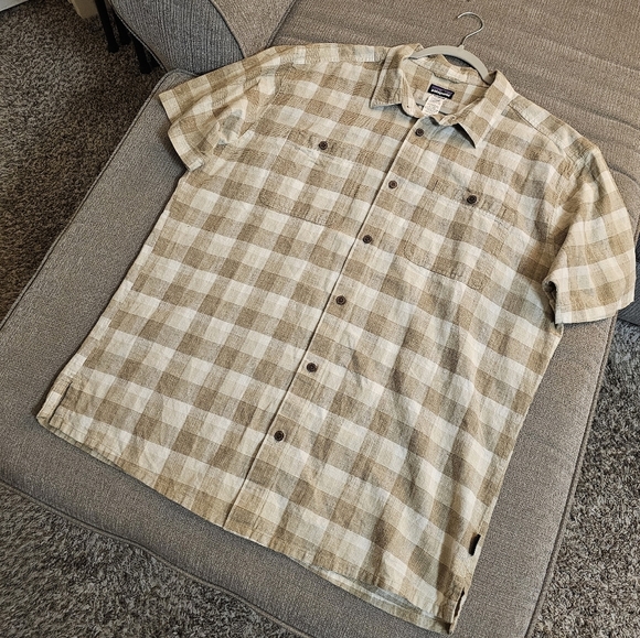 Patagonia Tan White Hemp Organic Cotton Casual Plaid  Button Down Shirt Size XL - Picture 2 of 6